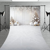 Aperturee - Aperturee All White Christmas Room Sweep Backdrop Elegant and Modern with Gold Ornaments Holiday Photo Studio Floor Drop